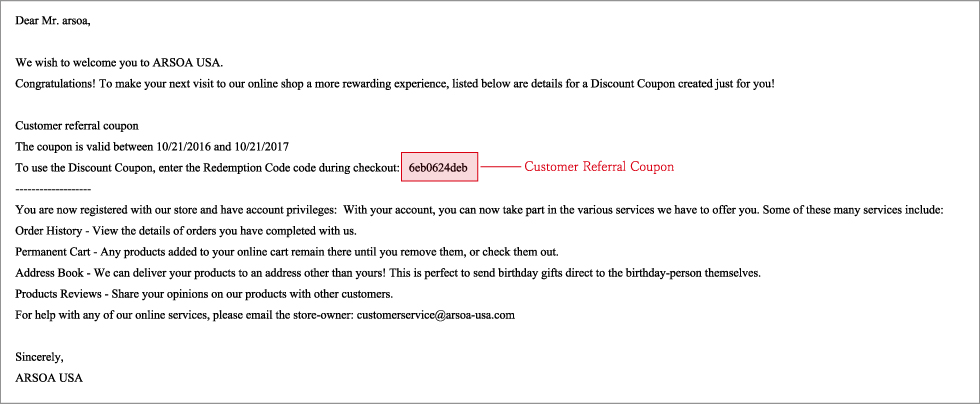 会員登録Thanksメール内にてクーポン番号が届きます。ご購入時に$１０クーポンとしてお使い頂けます！ARSOA USAでのお買い物をお楽しみ下さい。